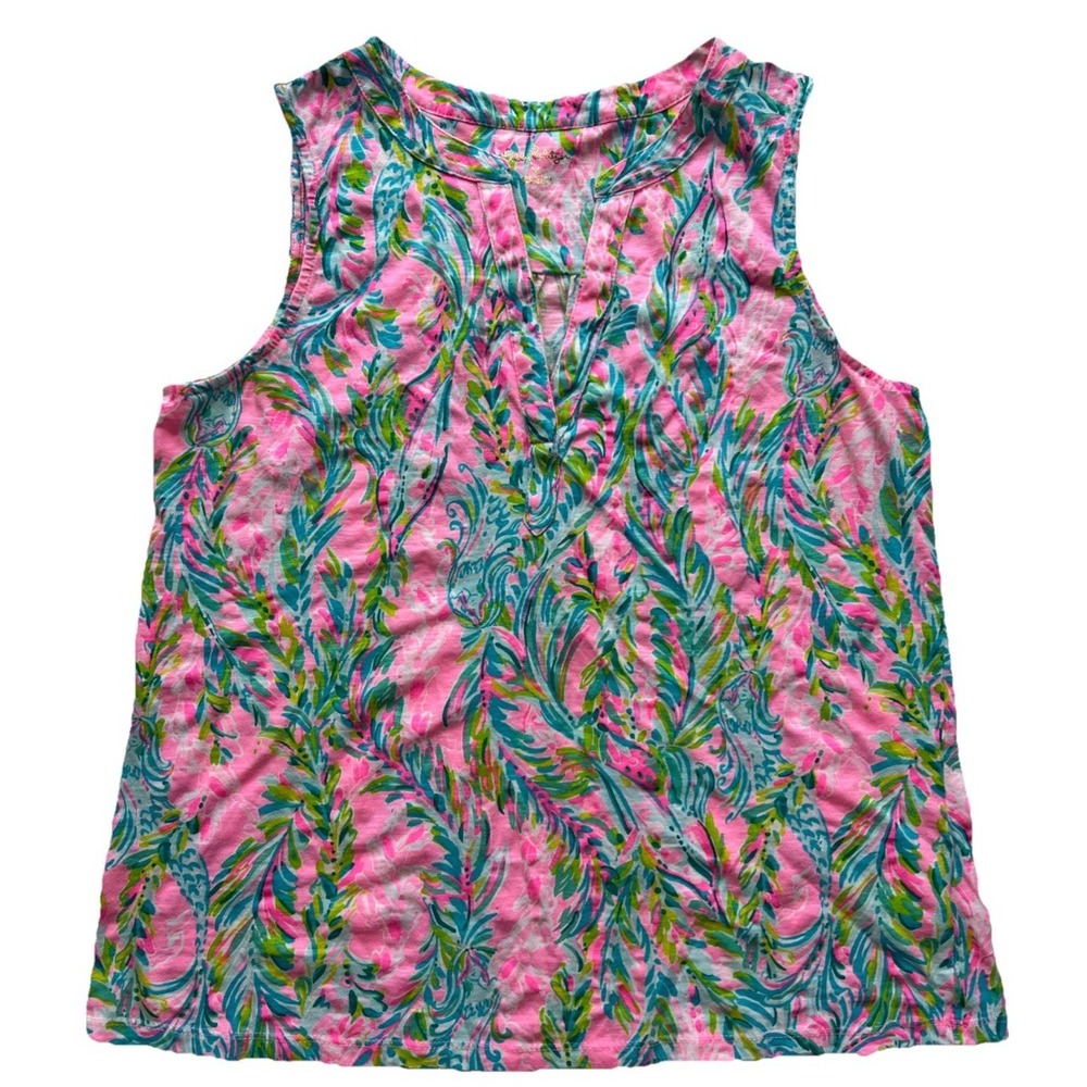 Lilly Pulitzer Essie Tank Top Womens M Multicolor Floral V Neck Boho Pink Green